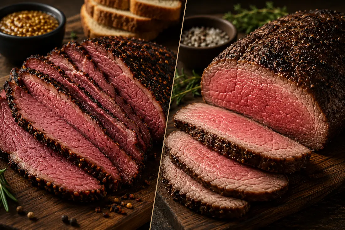 Comparação entre pastrami e rosbife fatiado em tábua de charcutaria