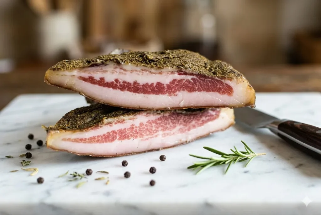 O que é guanciale: fatia artesanal B12 mostrando camadas de magro e gordura da bochecha suína