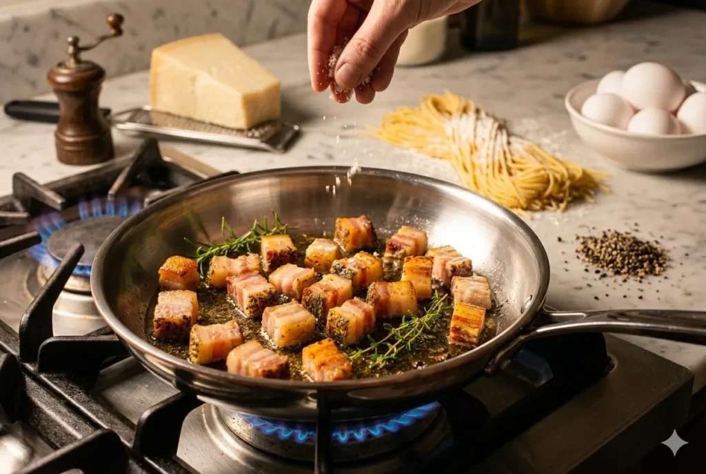 O que é guanciale na prática: cubos dourados em frigideira — base do carbonara romano B12