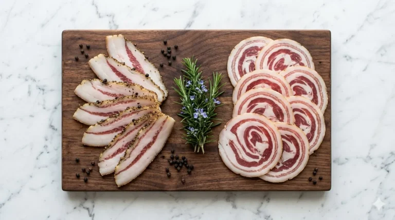 Guanciale ou Pancetta artesanal B12 fatiados em flat lay sobre mármore branco