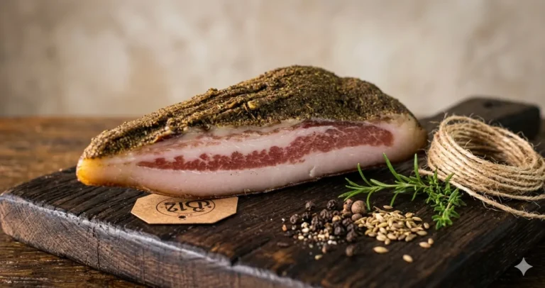 Guanciale artesanal B12 Charcutaria inteiro sobre tábua — bochecha suína curada e maturada em Goiânia