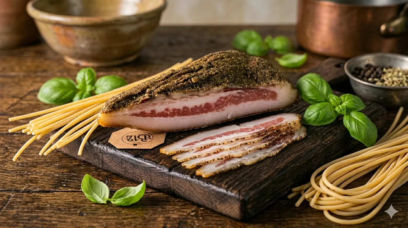 Guanciale artesanal B12 com bucatini para receita de Bucatini all'Amatriciana