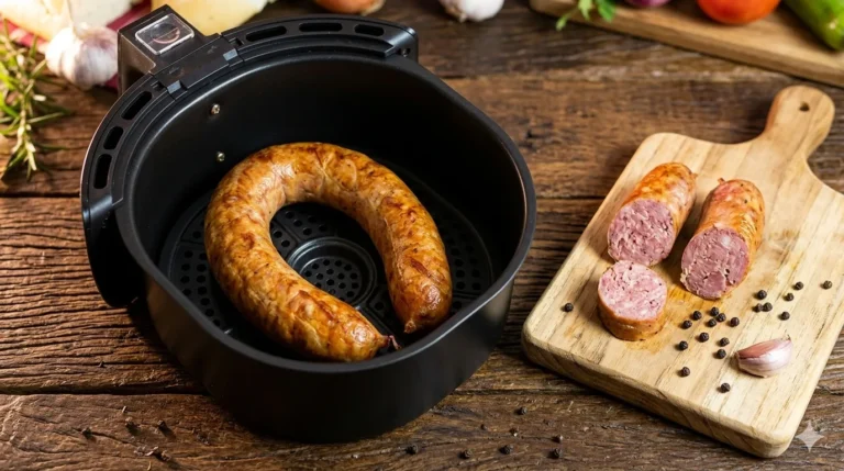linguiça de churrasco na airfryer da B12 dourada na airfryer com cesta aberta sobre mesa de madeira rústica