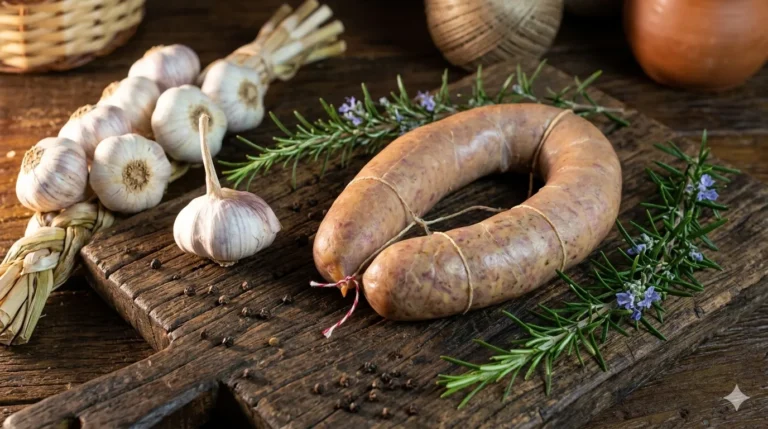 Receitas com linguiça blumenau B12 — linguiça inteira sobre tábua de madeira rústica com alecrim e alho
