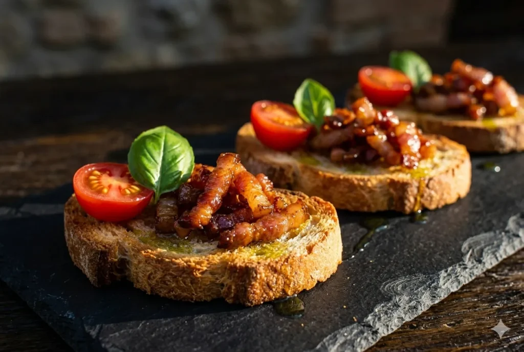 Crostini com guanciale B12 finalizados sobre ardósia com tomate cereja, manjericão e fio de azeite