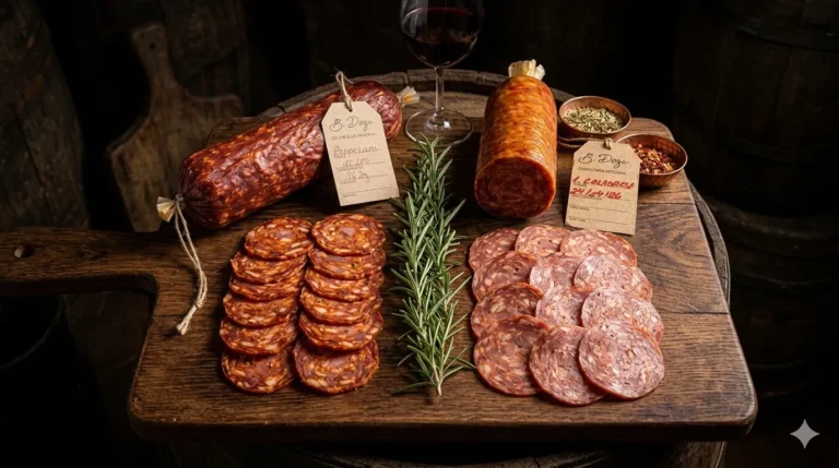 Diferença entre pepperoni e calabresa fatiados em tábua de madeira