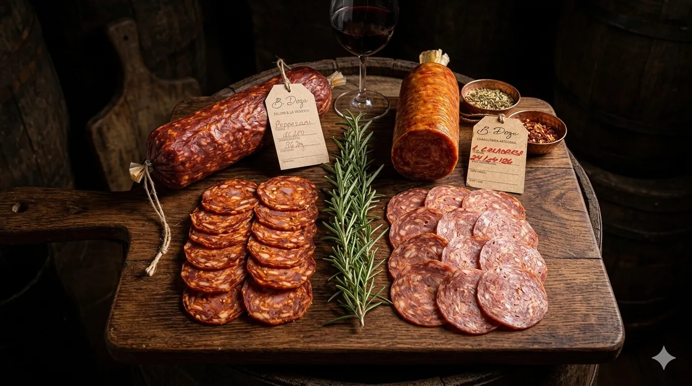 Diferença entre pepperoni e calabresa fatiados em tábua de madeira