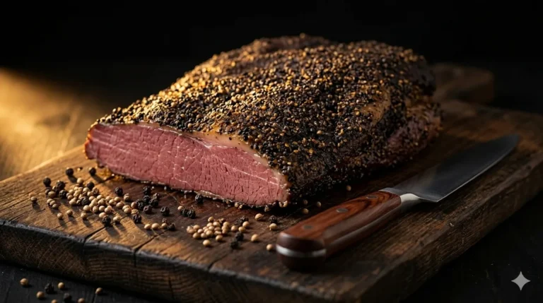 O que é pastrami artesanal B12 — peça inteira com crosta de pimenta sobre tábua rústica