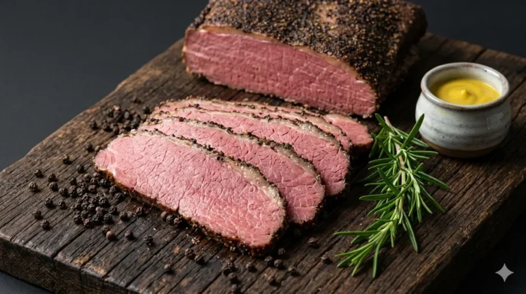 Pastrami artesanal em Goiânia — fatias fatiadas da B12 Charcutaria sobre tábua rústica