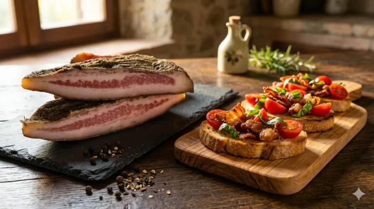 Receita de crostini com guanciale B12 sobre tábua de madeira com tomate cereja e manjericão