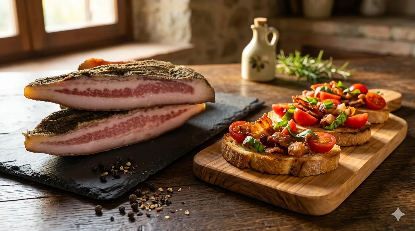 Receita de crostini com guanciale B12 sobre tábua de madeira com tomate cereja e manjericão