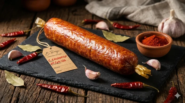 Linguiça calabresa artesanal B12 inteira sobre ardósia com pimenta calabresa, alho e páprica