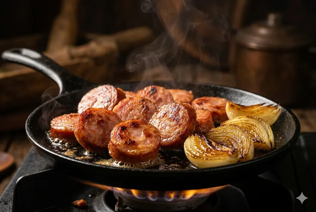 Linguiça calabresa B12 acebolada grelhando em frigideira de ferro