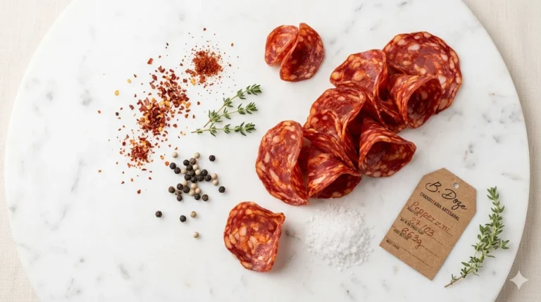 Fatias de pepperoni artesanal B12 sobre mármore com páprica e pimenta