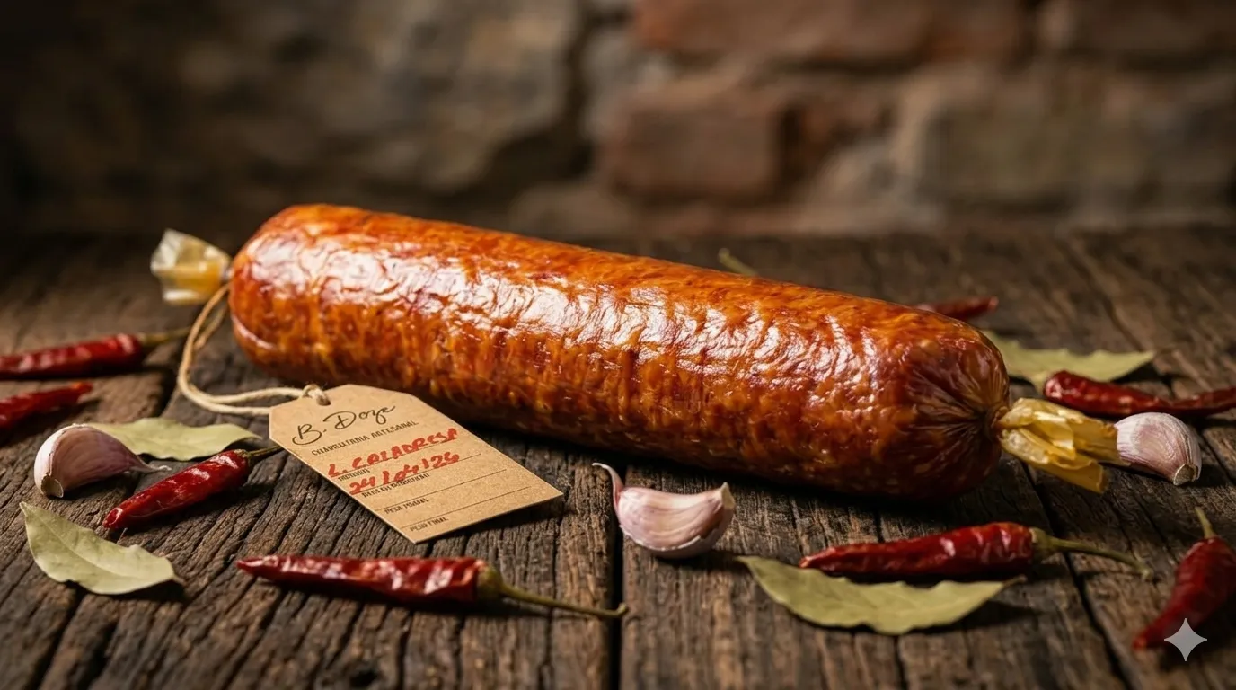 Origem da linguiça calabresa artesanal B12 inteira com pimentas e alho