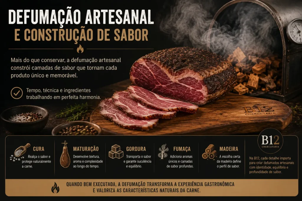 Defumação artesanal de carnes mostrando construção de sabor com fumaça, cura e maturação