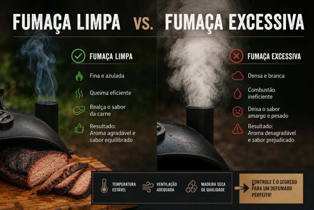 Comparação entre fumaça limpa e fumaça excessiva na defumação artesanal de carnes