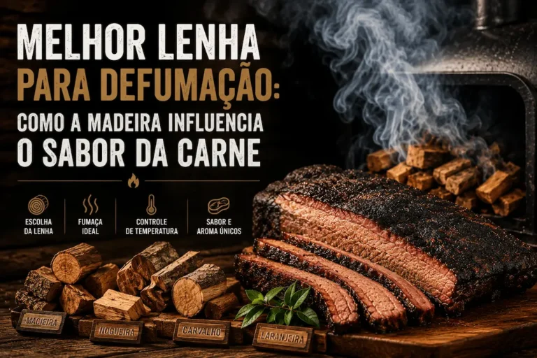 Melhor lenha para defumação mostrando diferentes madeiras e carne defumada artesanal