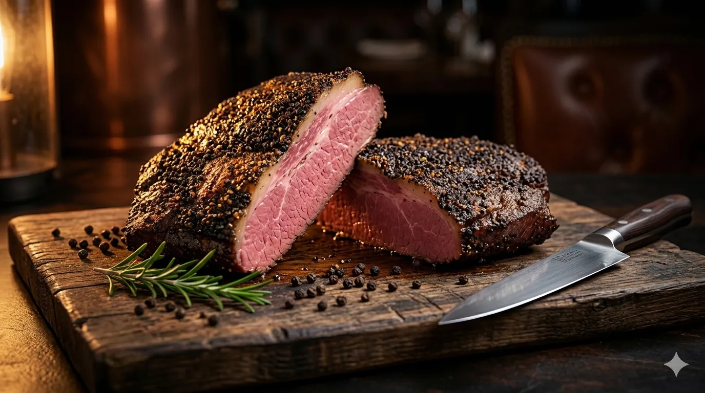 Receitas com pastrami artesanal B12 — peça fatiada com crosta de pimenta sobre tábua rústica