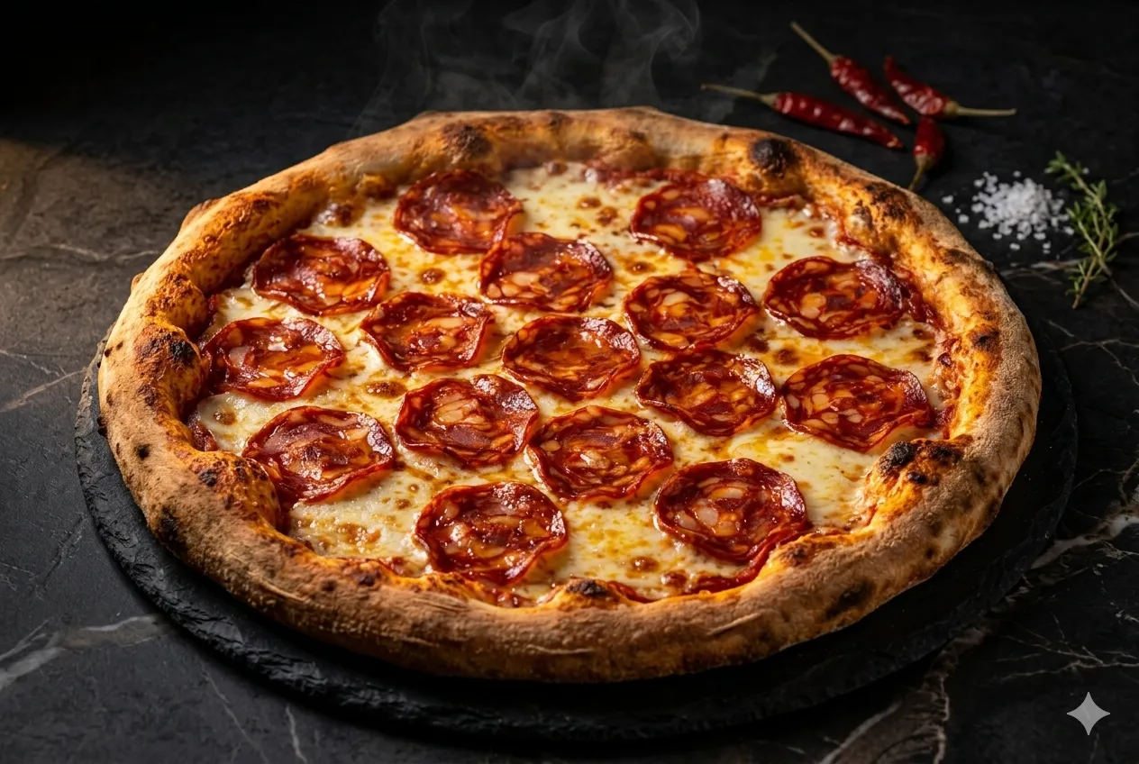 Pizza artesanal com pepperoni B12 recém saída do forno