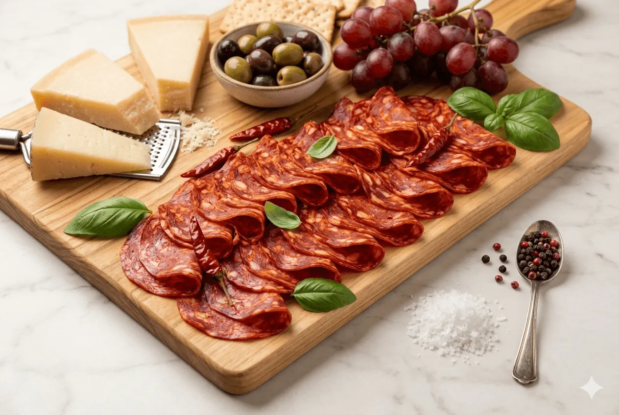 Pepperoni artesanal B12 fatiado em tábua com queijo azeitonas e uvas