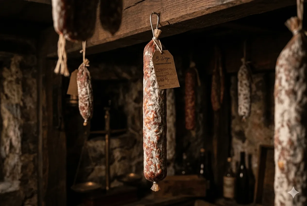 Pepperoni B12 maturando em câmara artesanal com etiqueta B.Doze