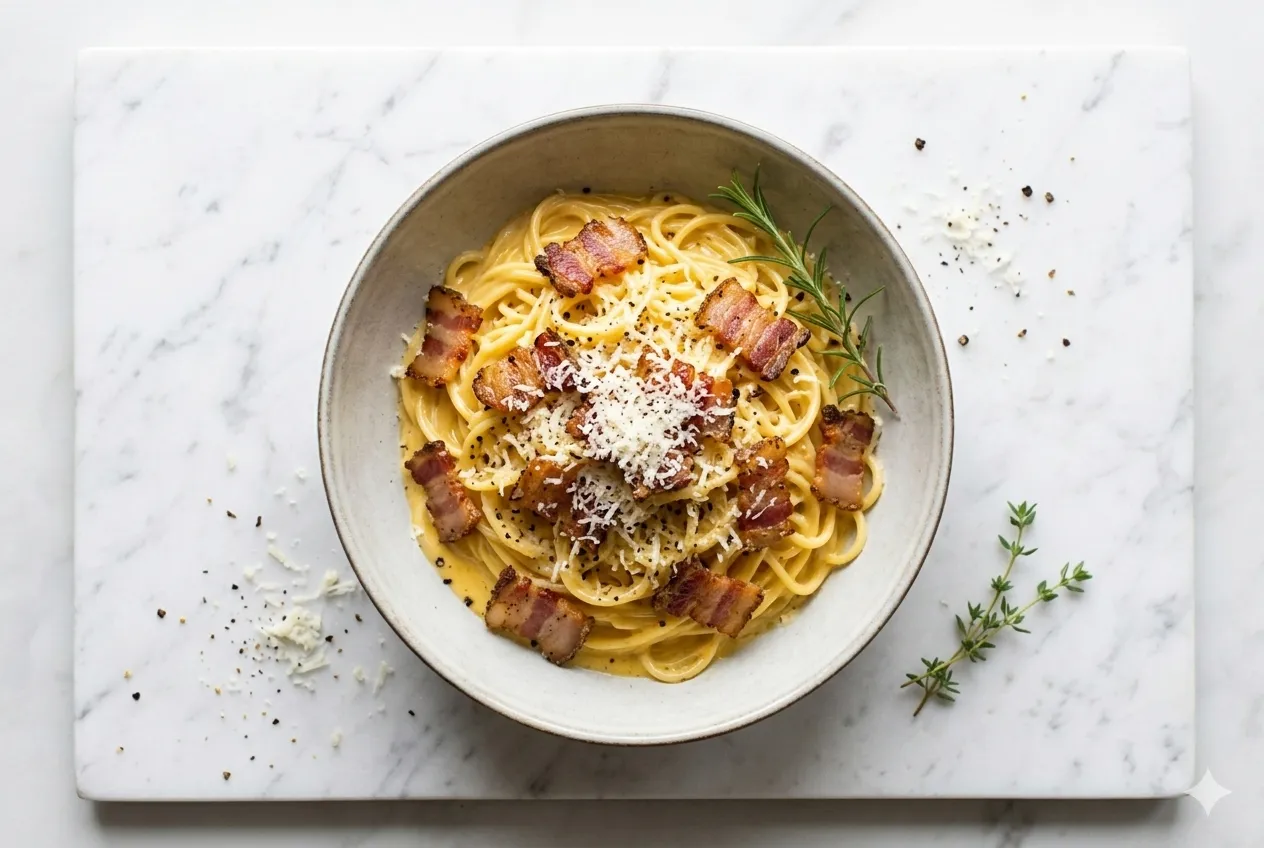 Spaghetti alla Carbonara Italiano com guanciale artesanal B12 Charcutaria Goiânia