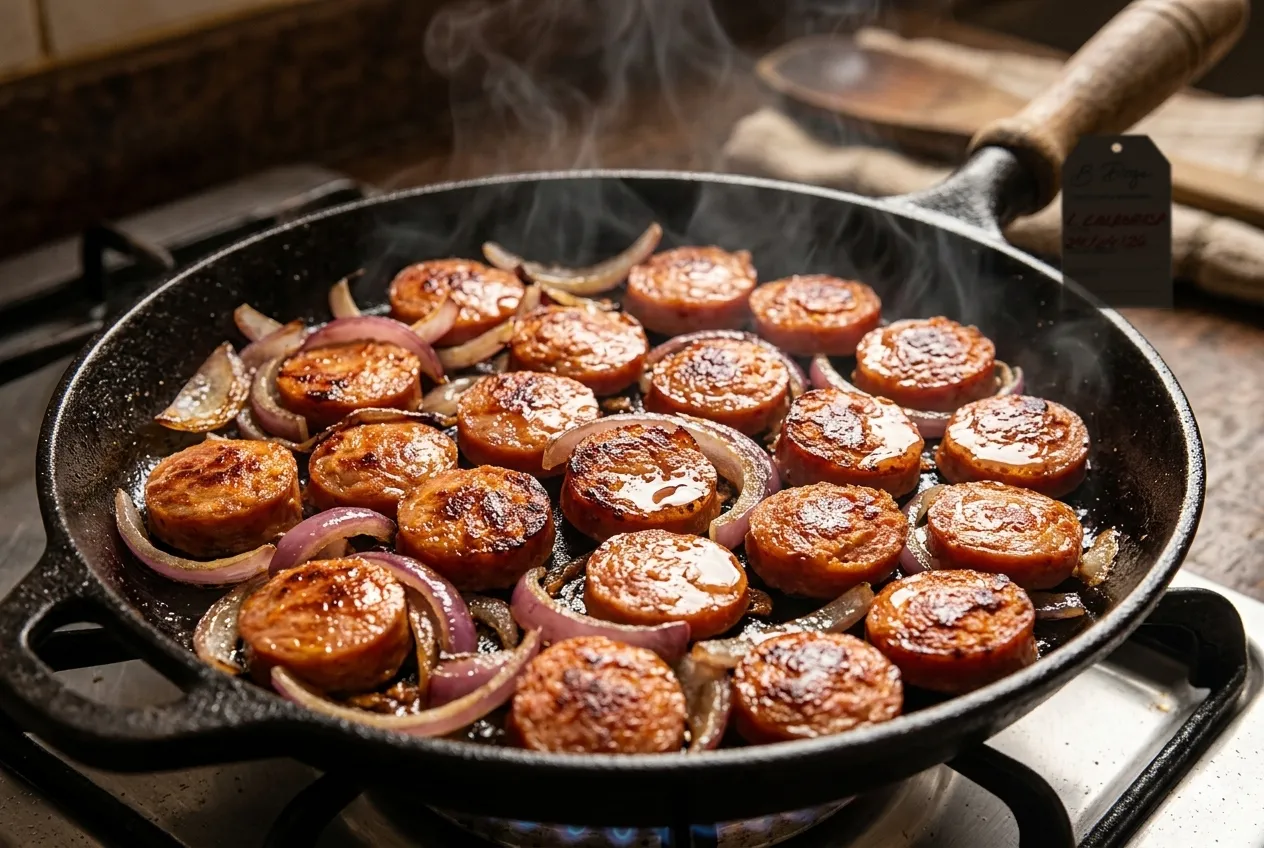 Rodelas de linguiça calabresa artesanal B12 grelhando com cebola em frigideira de ferro fundido