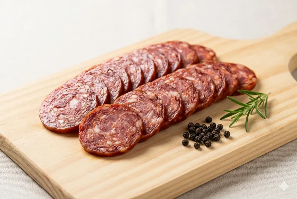Linguiça calabresa artesanal B12 fatiada mostrando textura da carne defumada