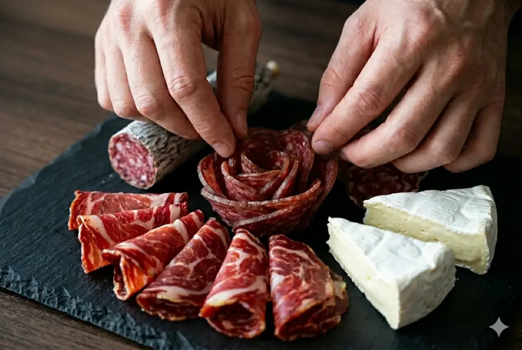 Como montar tábua de frios com salame artesanal B12 dobrado em leque passo a passo