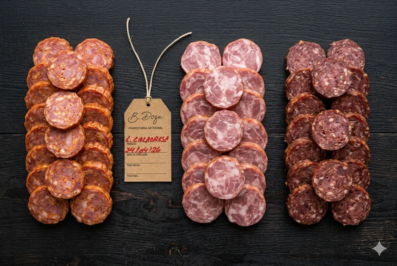 Comparativo de linguiças artesanais B12 fatiadas: calabresa, toscana e frango sobre tábua de madeira