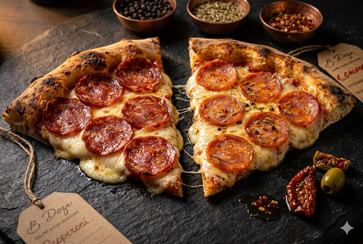 Diferença entre pepperoni e calabresa — pizza com pepperoni e pizza com calabresa lado a lado