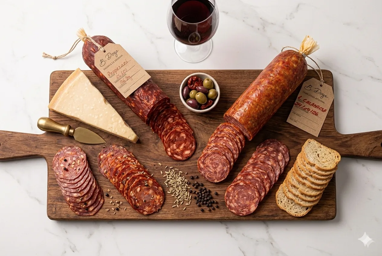 Diferença entre pepperoni e calabresa — tábua de frios com os dois embutidos artesanais B12