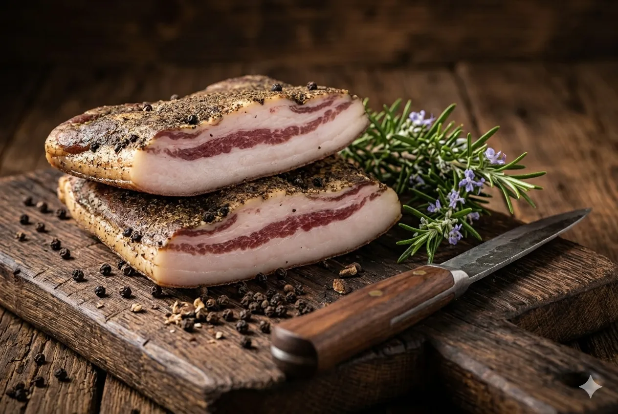 Fatias de guanciale artesanal B12 sobre tábua de madeira rústica com alecrim e pimenta-do-reino