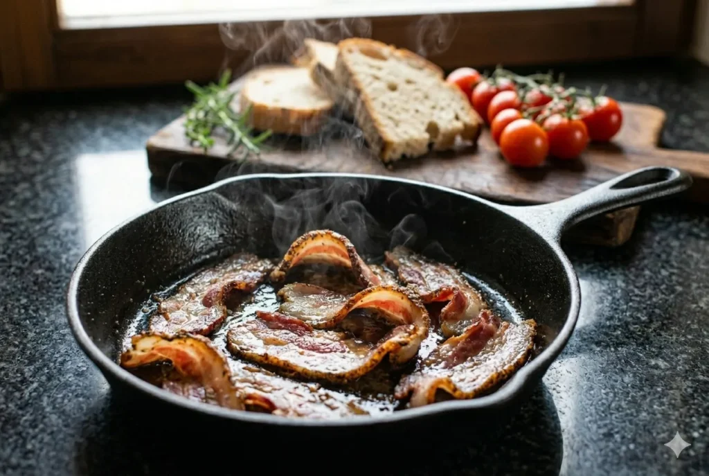 Fatias de guanciale B12 sendo salteadas em frigideira de ferro fundido até ficarem crocantes para a receita de crostini com guanciale