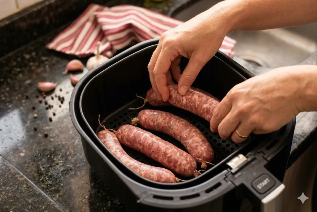 Mãos posicionando linguiça de churrasco na airfryer sem sobrepor