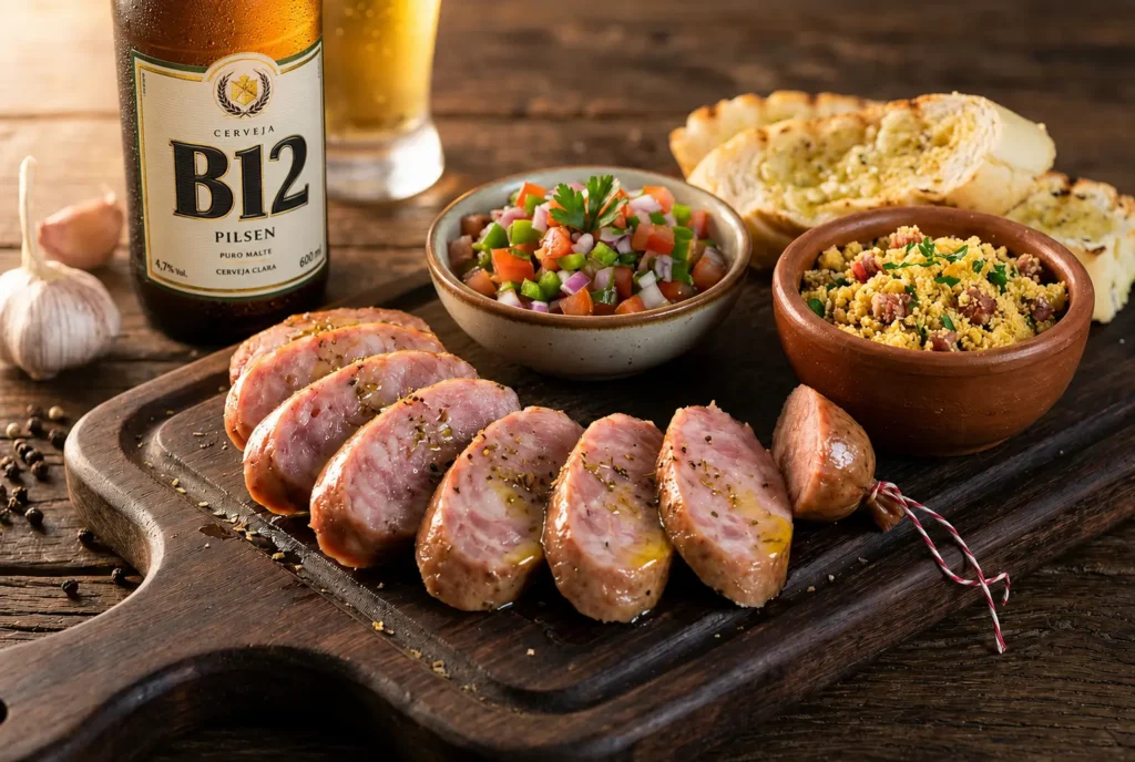 linguiça de churrasco na airfryer da B12 fatiada servida em tábua com vinagrete, farofa e pão de alho
