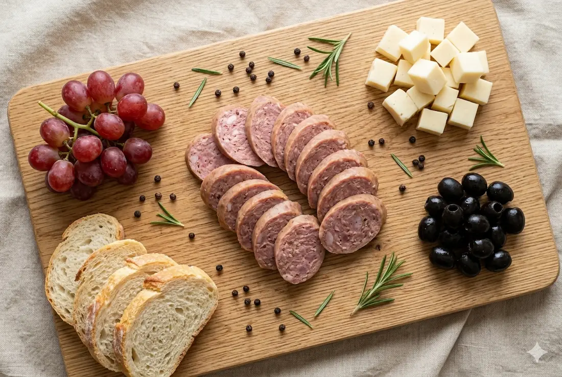 Linguiça Blumenau B12 fatiada em tábua de frios com queijo, azeitonas e uvas