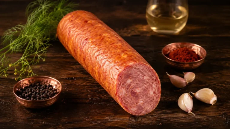 Linguiça calabresa artesanal B12 cortada mostrando interior com pernil, paleta e toucinho suíno