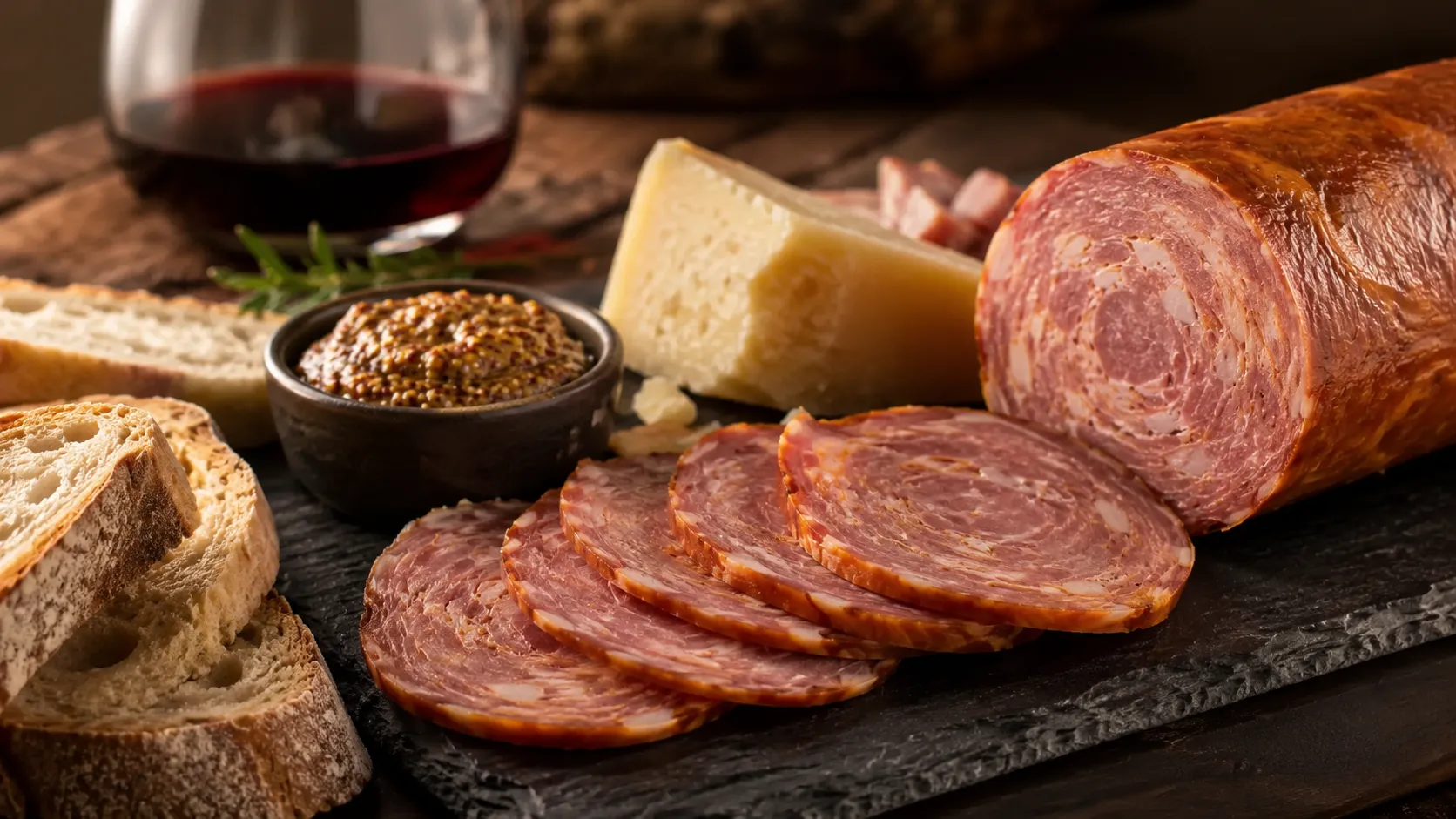 Fatias de linguiça calabresa artesanal B12 sobre ardósia com pão rústico, queijo curado e vinho tinto