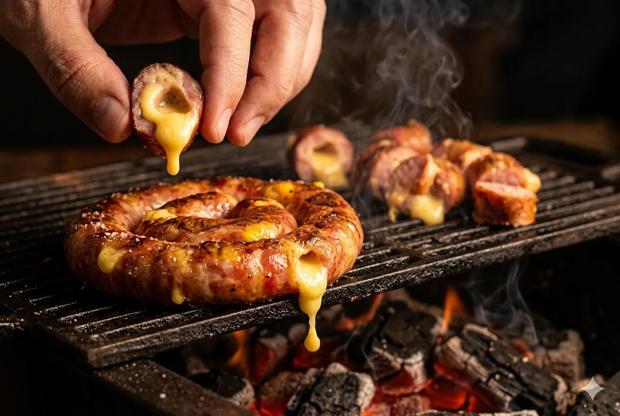 Linguiça com queijo B12 grelhada no churrasco com queijo derretendo
