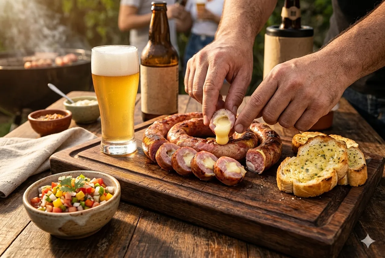 Linguiça com queijo B12 fatiada em tábua com cerveja artesanal e acompanhamentos