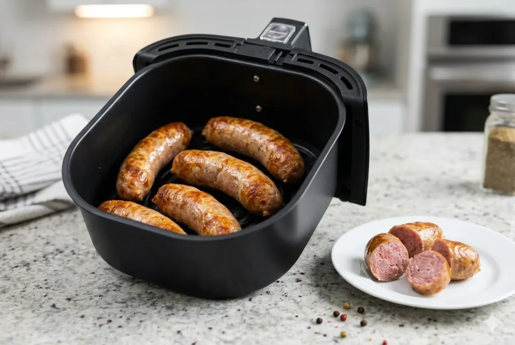 Linguiça toscana artesanal B12 dourada e crocante saindo da airfryer