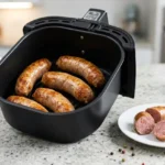 Linguiça toscana artesanal B12 dourada e crocante saindo da airfryer