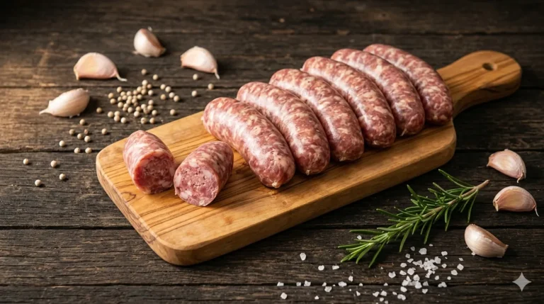 Gomos de linguiça toscana artesanal B12 sobre tábua de madeira rústica com alho, pimenta branca e alecrim