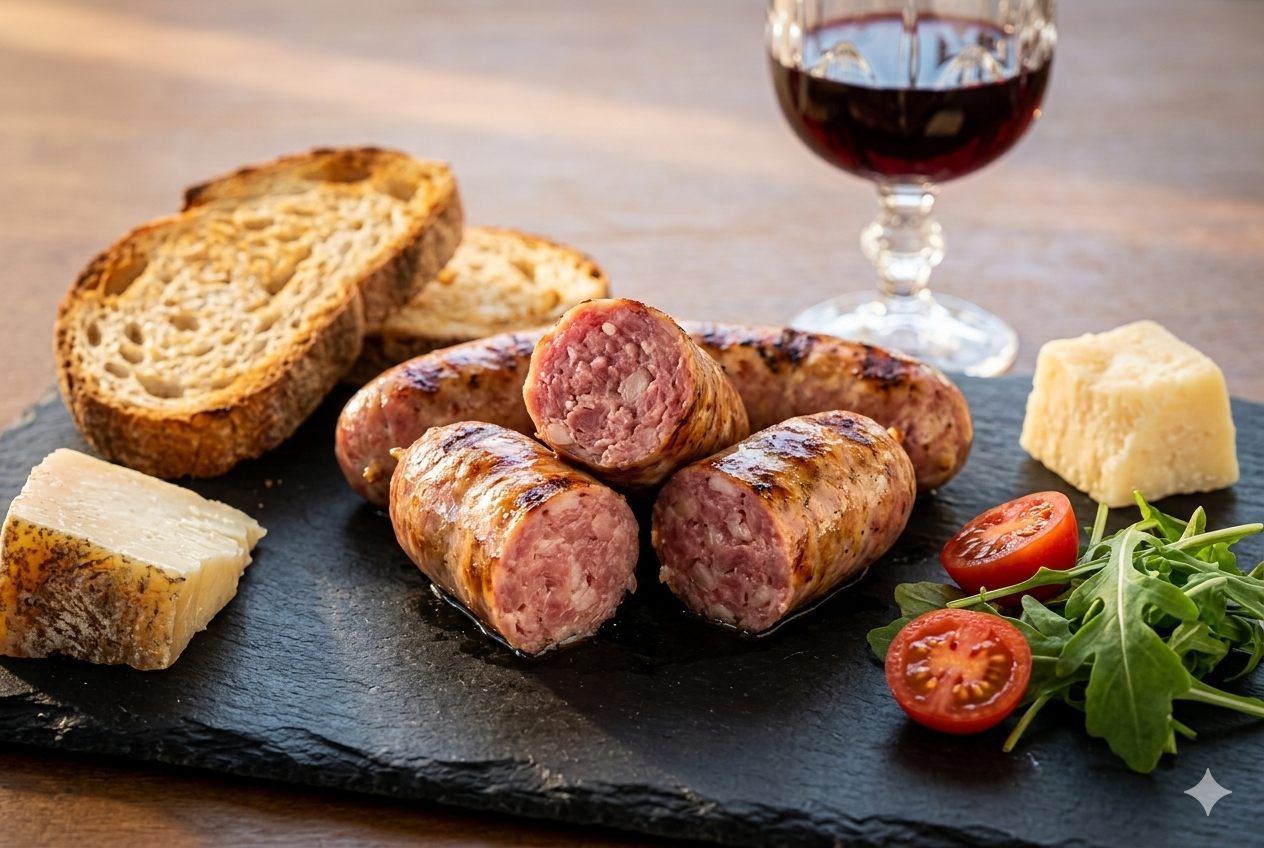 Linguiça toscana artesanal B12 fatiada sobre ardósia com pão rústico, queijo curado, tomate cereja e vinho tinto