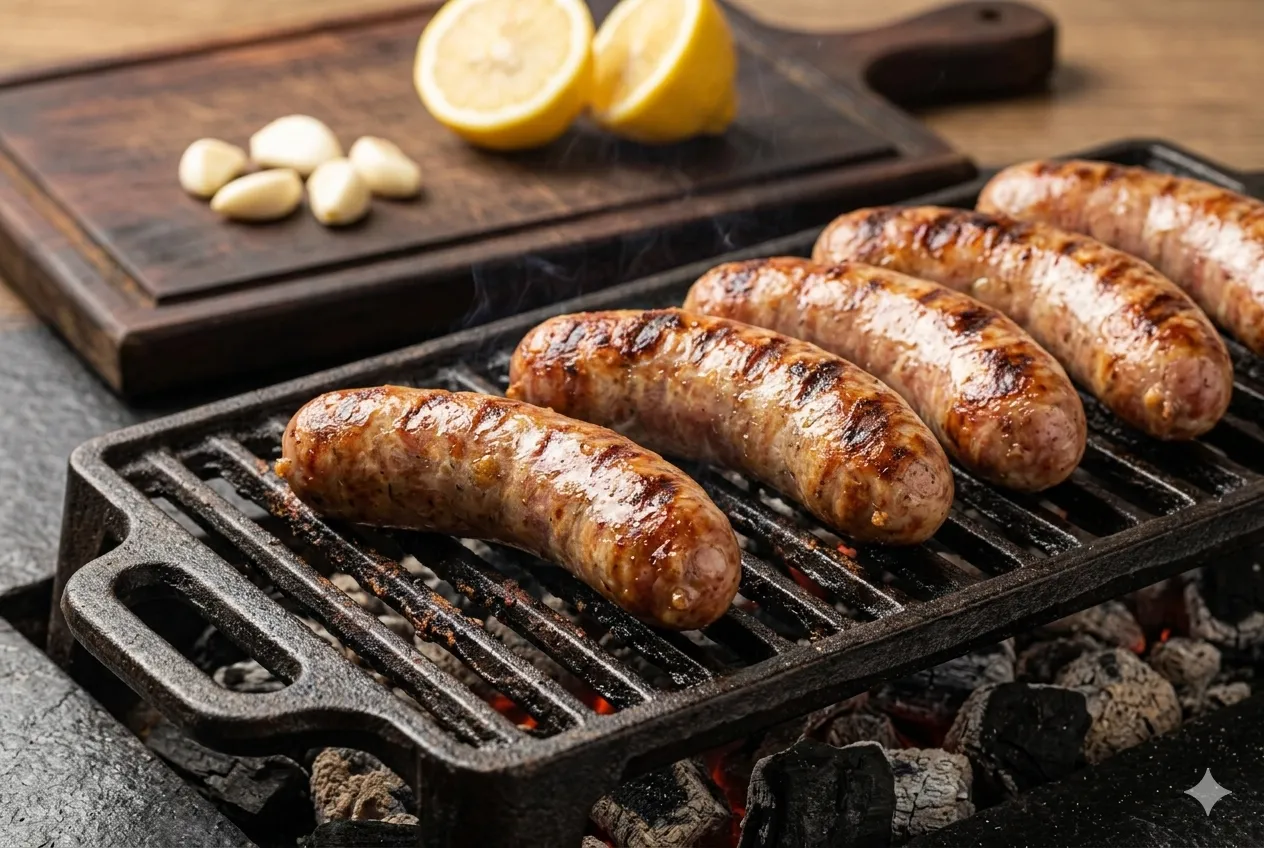 Linguiça toscana artesanal B12 sendo grelhada em grelha de ferro fundido com casca dourada e marcas da grelha