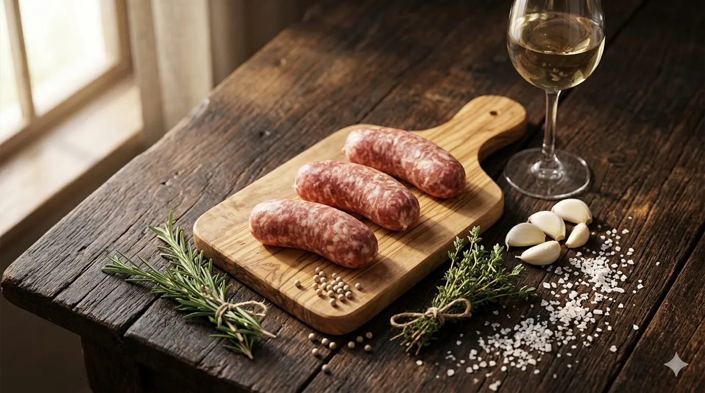 Gomos de linguiça toscana artesanal B12 sobre tábua de madeira com alho, pimenta branca, ervas e vinho branco