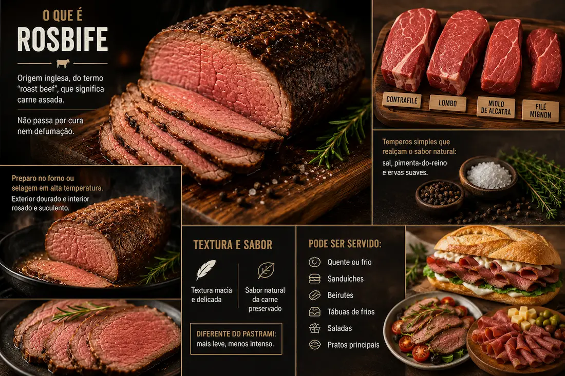 Rosbife artesanal fatiado mostrando textura rosada e preparo tradicional da carne assada