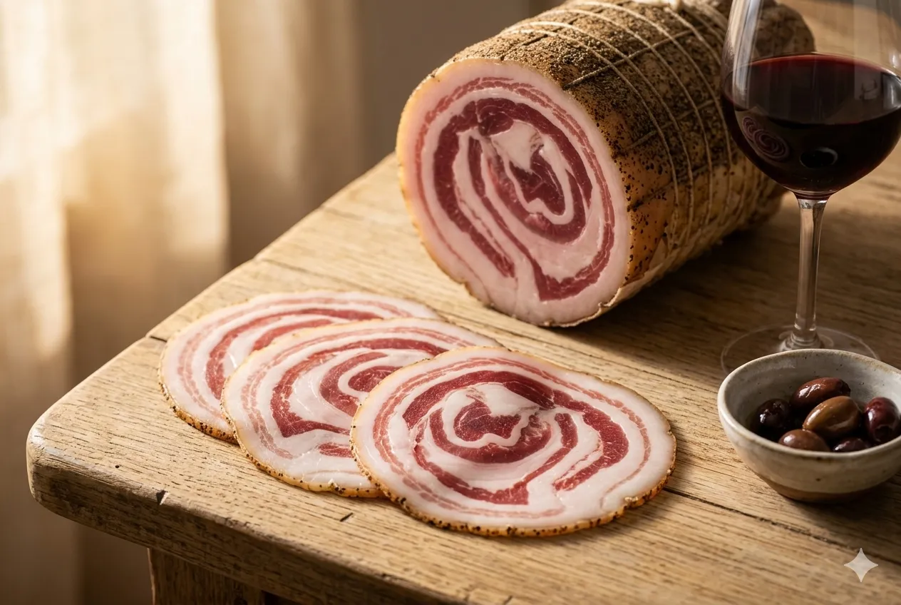 Pancetta arrotolata artesanal B12 fatiada sobre mesa de madeira com taça de vinho ao fundo